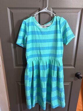 Lularoe Women’s Aqua and Blue Striped Short Sleeve Dress